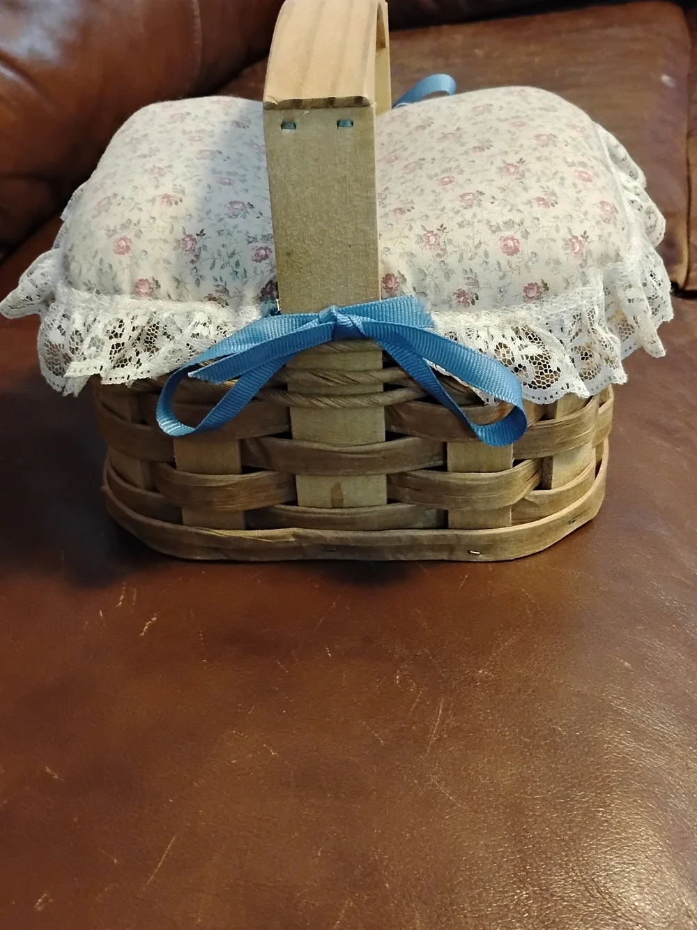 Handwoven Natural Wicker Sewing Basket with Blue Bow